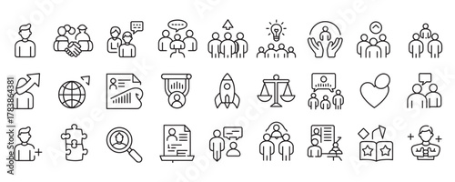 Explore business development icons representing growth, team building, global reach, and strategic thinking in a clean, modern style for your project