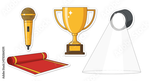 Sticker set of award ceremony and performance essentials golden trophy, classic microphone, bright stage spotlight, and elegant rolled red carpet for events and celebrations