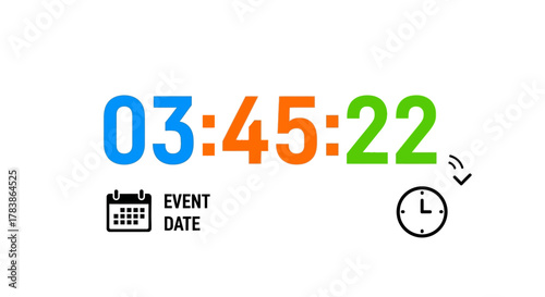 Dynamic digital countdown timer display for tracking important events, project deadlines, and real-time schedules, featuring vibrant multi-colored numbers and clean graphic icons