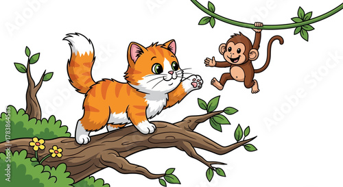 Cute cat with monkeys hanging on a tree branch