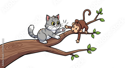 Cute cat with monkeys hanging on a tree branch
