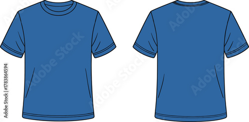 Front and Back View of a Plain Royal Blue T- Shirt on White Background Keywords: t-shirt, apparel, clothing, garment, textile, fashion, casual, plain