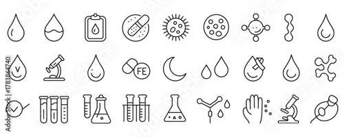 Essential medical lab icons showcasing blood analysis, research, and scientific healthcare with modern line art aesthetic for health and wellness branding