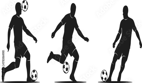 Soccer players silhouette, kicking ball, dribbling action, defensive stance, football athlete vector, sports illustration, dynamic movement, competition artwork, teamwork concept, game design