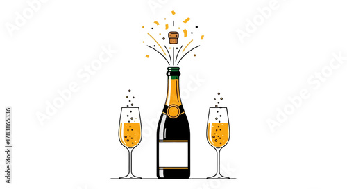 Champagne Bottle Popping Cork Toasting Glasses Celebration Sparkle Vector Illustration
