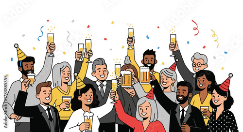 Diverse Group of Professionals Celebrating Success with Champagne and Confetti
