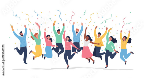 Diverse Group of People Celebrating with Confetti and Streamers Joyful Teamwork and Success