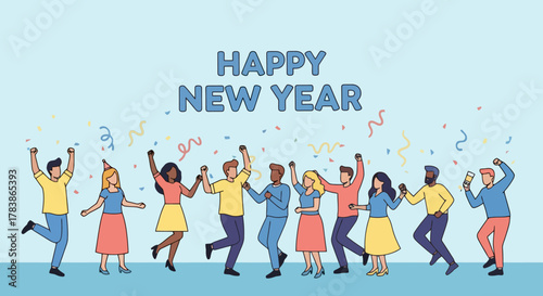 Diverse Group of People Celebrating Happy New Year with Confetti and Party Hats Vector Illustration