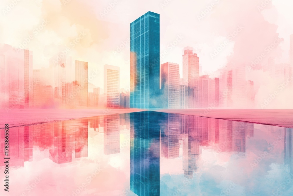 Fototapeta premium A vibrant, artistic cityscape featuring a prominent blue skyscraper reflecting in water, surrounded by softly rendered buildings and a pastel sky.