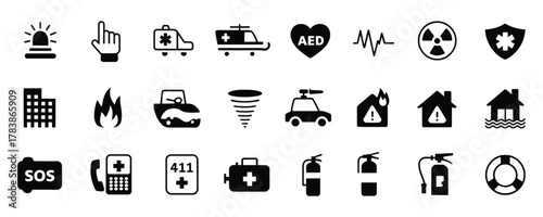 Emergency response icon set for disaster preparedness and safety campaigns, featuring ambulance, fire, rescue, and medical support for risk awareness