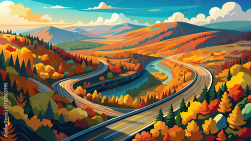 Very beautiful aerial drone view of the Mohawk Trail winding through vibrant autumn foliage in Massachusetts, USA, featuring colorful fall trees, mountain curves, and a realistic scenic New England 