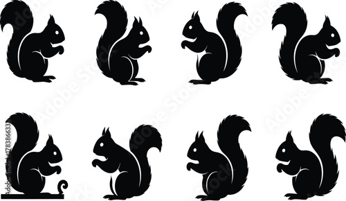 Photos Squirrel silhouettes vector, eight poses, bushy tail design, woodland animal art