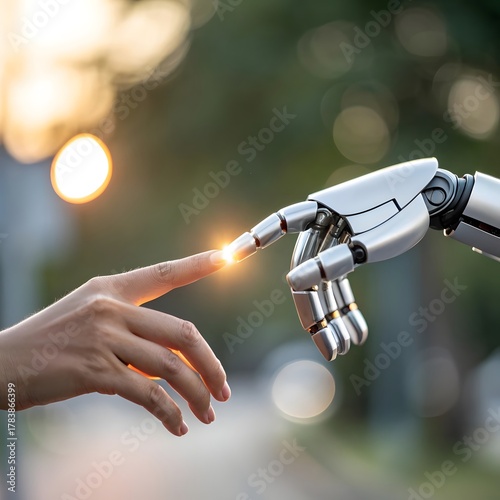 Close-Up of Human and Robotic Fingers Almost Touching with Glowing Contact Point