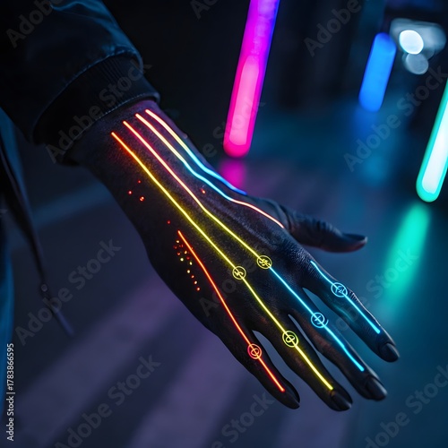 Cyberpunk Neon Hand with Glowing Digital Data Streams on Fingertips