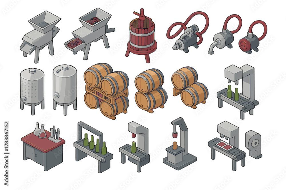 Obraz premium Isometric collection of essential winery equipment and machinery for wine production