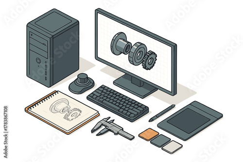 Professional engineering and CAD workstation setup with monitor displaying mechanical 3D model