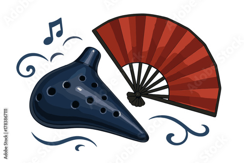 Stylized dark blue ocarina and traditional red folding fan with musical notes and decorative swirls