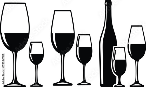 Wine bottle with glasses silhouette, black and white vector illustration, minimalist alcohol drink design, beverage icons set, wine tasting branding art