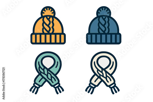 Collection of warm winter accessories including braided beanies and knitted scarves