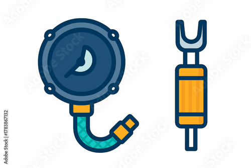 Professional automotive repair tools set with pressure gauge and specialized wrench