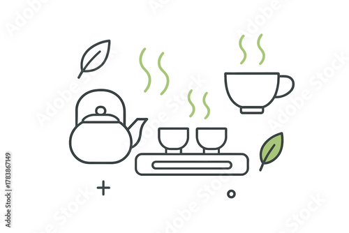 Stylized outline drawing of a tea service setup with teapot, two small cups, and a large steaming mug