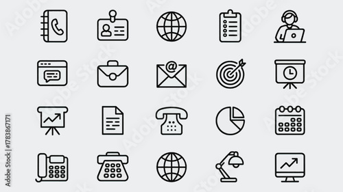 Collection of Business and Office Related Icons in Line Art Style vector illustration