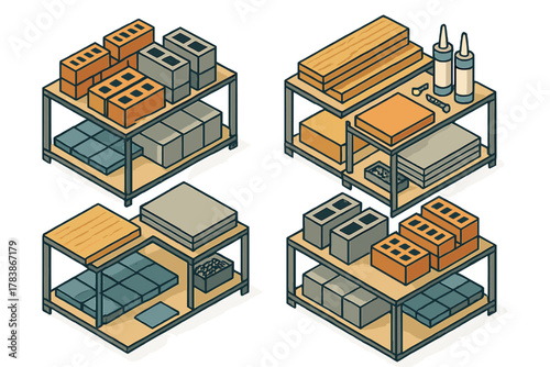 Building supplies assortment with bricks, wood planks, and cement blocks on warehouse storage racks