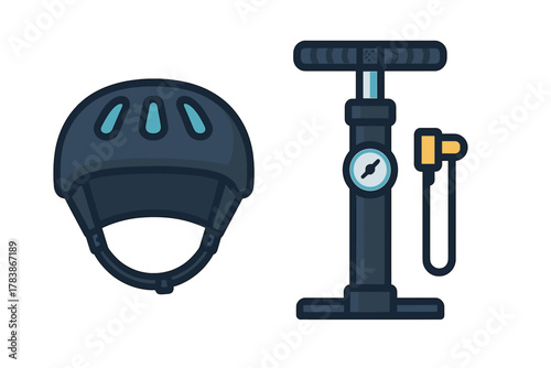 Protective cycling helmet and manual floor pump with pressure gauge