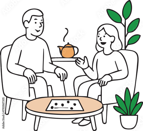 An illustration of two people sitting in chairs having a friendly conversation with tea on a small table, creating a warm and relaxed social atmosphere.