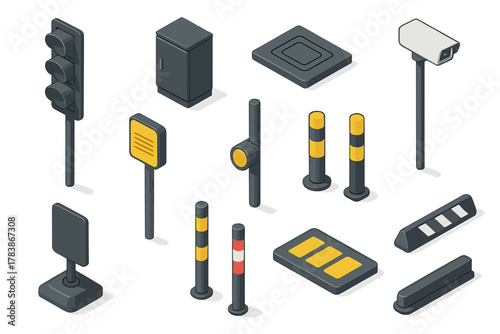 Isometric urban infrastructure elements set including traffic lights, security cameras, parking bollards, and road barriers