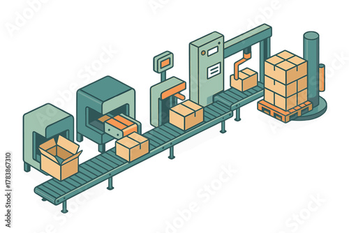Modern automated production line machinery processing and stacking cardboard boxes for logistics and shipping