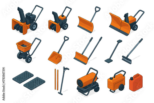 Foto Isometric set of winter maintenance equipment including snow blowers, shovels, a