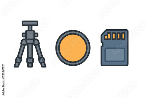 Set of essential photography equipment icons including portable tripod, circular lens filter, and digital memory card