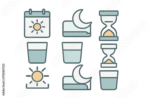 Set of essential icons representing daily schedule, time management, hydration, and day-night cycles