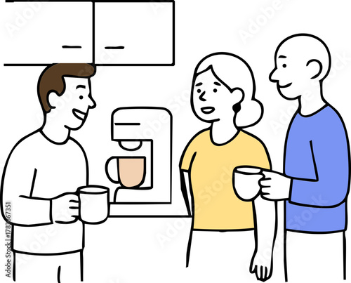 Three coworkers chat and smile together while enjoying coffee at a break station in the office.