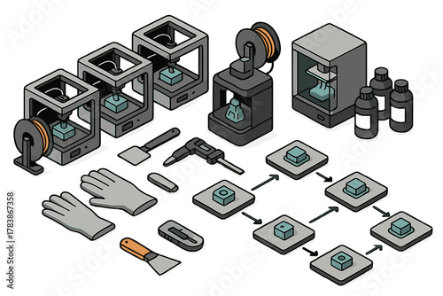 Isometric setup of 3D printing equipment showing multiple printers, filament, resin, and specialized tools