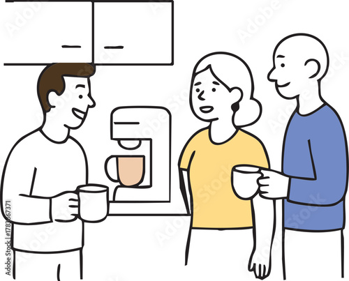 Three coworkers chat and smile together while enjoying coffee at a break station in the office.