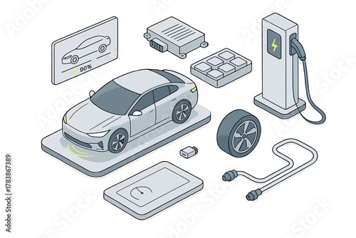 Modern electric vehicle components set with charging station battery module and control system