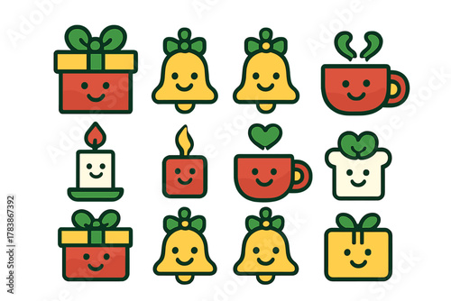 Cute Christmas holiday graphics featuring smiling gift boxes, bells, candles, and hot drinks
