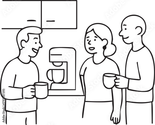 Three coworkers chat and smile together while enjoying coffee at a break station in the office.