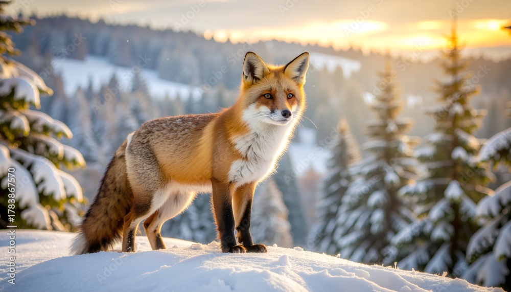 Fototapeta premium Wild red fox stands majestically on snowy mountain ridge during golden sunrise with winter forest backdrop