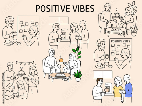 A set of cozy office scenes featuring a relaxation area with comfy chairs, plants, tea, board games, a friendly mini-kitchen coffee corner, colleagues sharing homemade treats, celebrating birthdays an