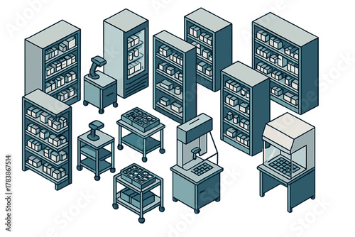 Isometric retail storage shelves, scanning stations, refrigerated display unit, and supply carts