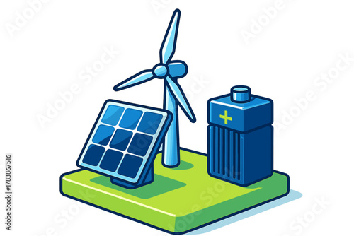 Sustainable energy concept showing solar power, wind turbine, and battery storage system on a green platform