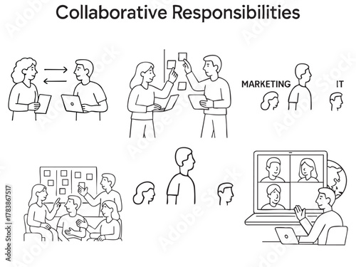 A collection of illustrated scenes showcasing collaborative teamwork — including brainstorming with laptops and sticky notes, online global meetings, cross-department collaborations between marketing 