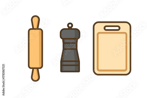 Wooden rolling pin, pepper grinder, and cutting board kitchen tools set isolated on white