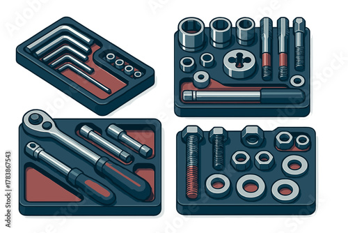 Organized collection of mechanical tools and hardware components in four separate trays
