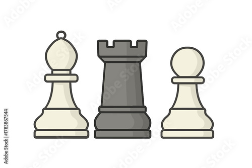 White bishop gray rook and white pawn chess game pieces isolated on white