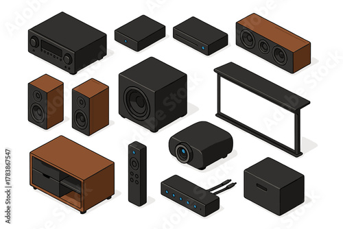 Isometric set of home theater components and audio equipment on white background