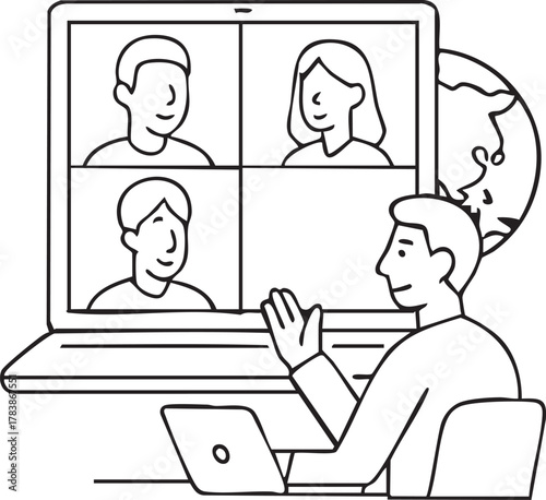 An online collaboration scene showing employees connecting virtually from different countries, with a world map in the background symbolizing global teamwork.